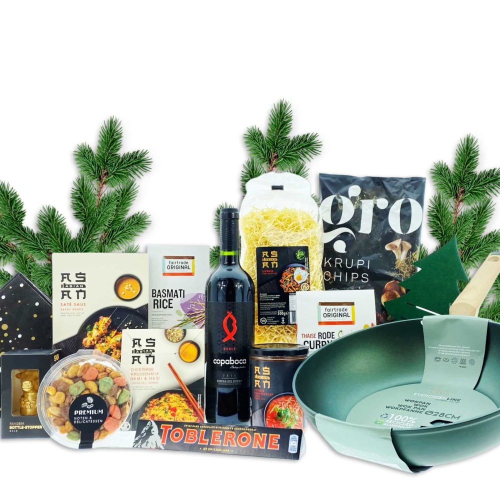 Kerstpakket Green chef is een pakket waarbij je vernieuwende maaltijden op tafel kunt zetten met onder andere een wokpan en verschillende etenswaren