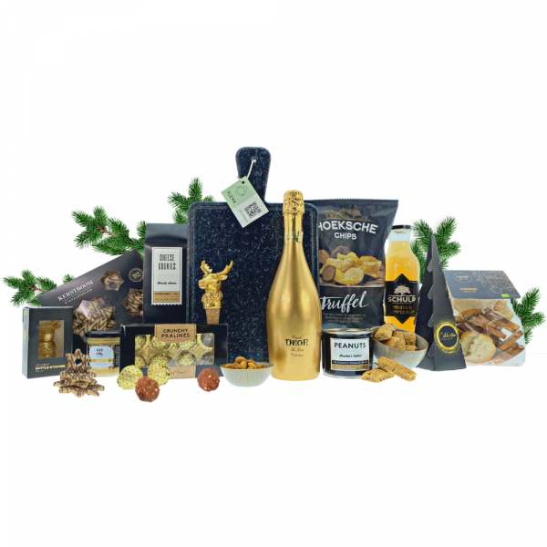 Kerstpakket Taste Deluxe. Een luxe kerstpakket met een borrelplank en verschillende lekkernijen.