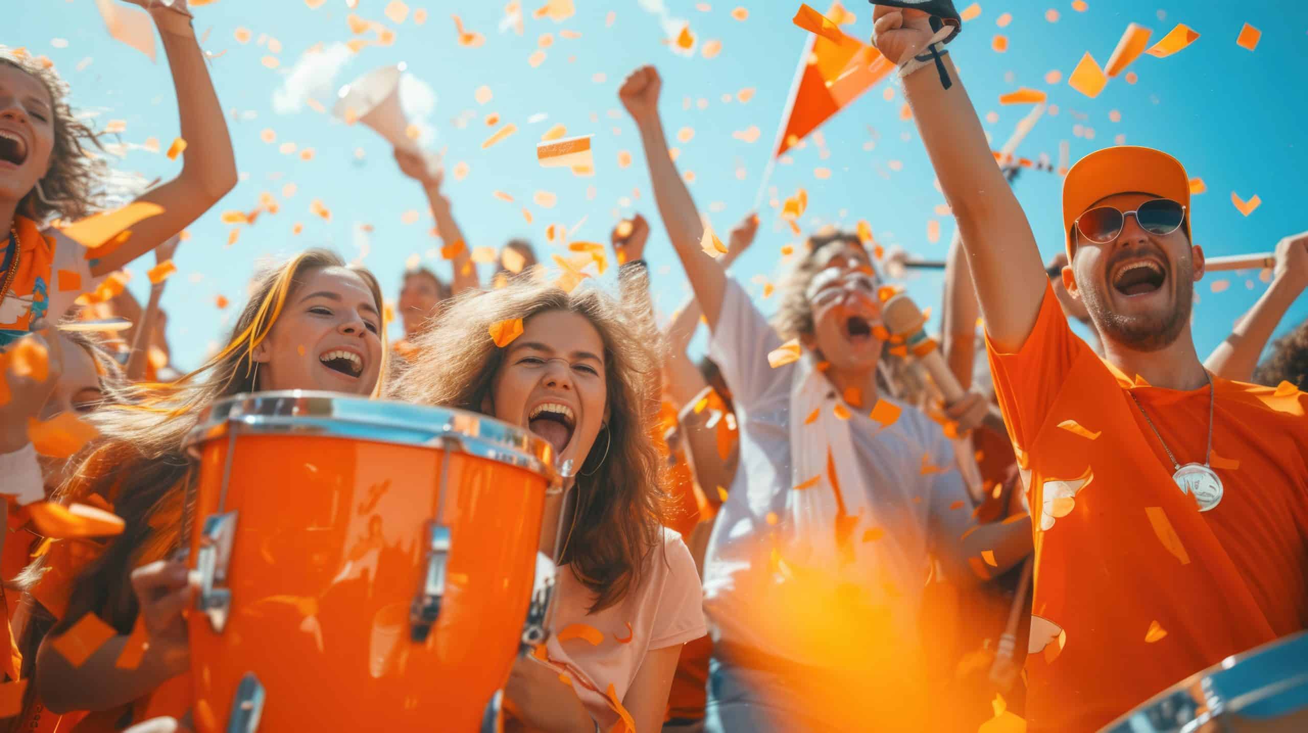 Een groep mensen met oranje kleren omringd door oranje confettie